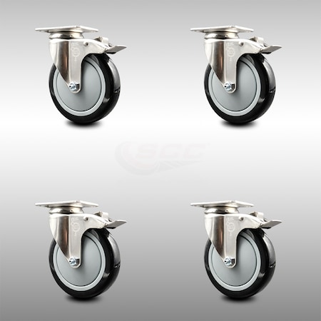 Service Caster 5 Inch 316SS Black Polyurethane Swivel Top Plate Caster Set Total Lock Brake SCC SCC-SS316TTL20S514-PPUB-BLK-4